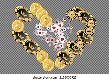 Casino Playing Cards, Money and Casino Chips are falling down. Vector illustration. Pattern for ads of parties, events in Vegas.
