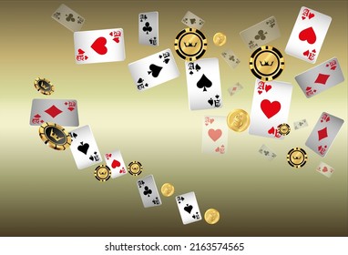 Casino Playing Cards, Money and Casino Chips are falling down. Vector illustration. Pattern for ads of parties, events in Vegas.