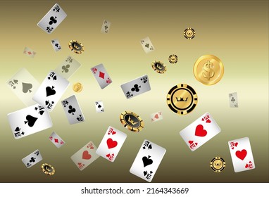 Casino Playing Cards, Money and Casino Chips are falling down. Vector illustration. Pattern for ads of parties, events in Vegas.