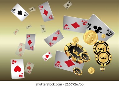 Casino Playing Cards, Money and Casino Chips are falling down. Vector illustration. Pattern for ads of parties, events in Vegas.
