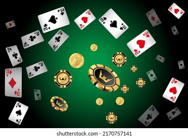 Casino Playing Cards, Money and Casino Chips are falling down. Vector illustration. Pattern for ads of parties, events in Vegas.
