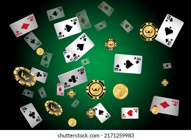 Casino Playing Cards, Money and Casino Chips are falling down. Vector illustration. Pattern for ads of parties, events in Vegas.
