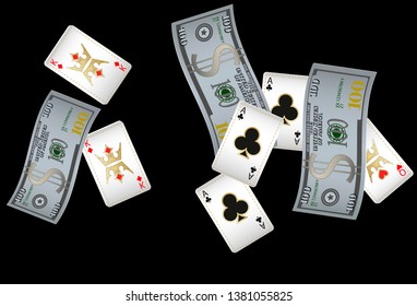 Casino Playing Cards and Money are falling down. Vector illustration