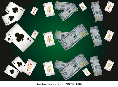 Casino Playing Cards and Money are falling down. Vector illustration