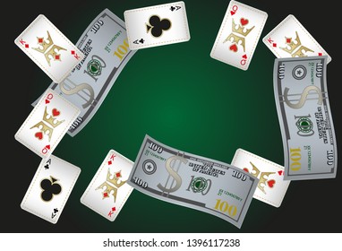 Casino Playing Cards and Money are falling down. Vector illustration