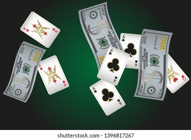 Casino Playing Cards and Money are falling down. Vector illustration