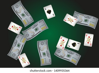 Casino Playing Cards and Money are falling down. Vector illustration