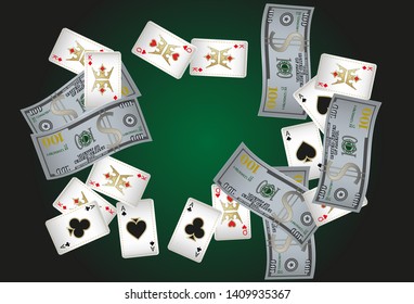 Casino Playing Cards and Money are falling down. Vector illustration