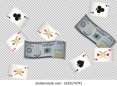 Casino Playing Cards and Money are falling down. Vector illustration