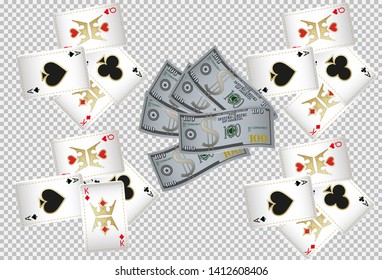 Casino Playing Cards and Money are falling down. Vector illustration