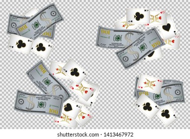 Casino Playing Cards and Money are falling down. Vector illustration