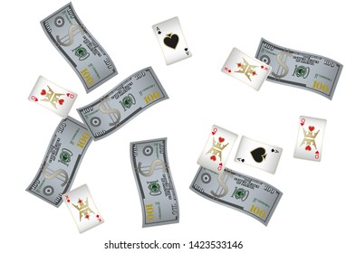 Casino Playing Cards and Money are falling down. Vector illustration. Pattern for ads of parties, events in Vegas.