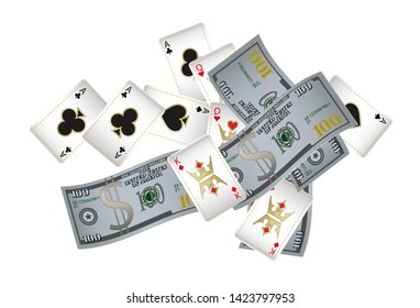 Casino Playing Cards and Money are falling down. Vector illustration. Pattern for ads of parties, events in Vegas.