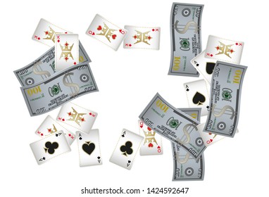 Casino Playing Cards and Money are falling down. Vector illustration. Pattern for ads of parties, events in Vegas.