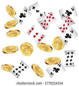 Casino Playing Cards and Money are falling down. Vector illustration. Pattern for ads of parties, events in Vegas.