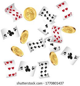 Casino Playing Cards and Money are falling down. Vector illustration. Pattern for ads of parties, events in Vegas.