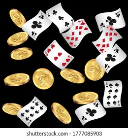 Casino Playing Cards and Money are falling down. Playing Cards rain. Pattern for ads of parties, events in Vegas.