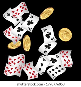 Casino Playing Cards and Money are falling down. Playing Cards rain. Pattern for ads of parties, events in Vegas.