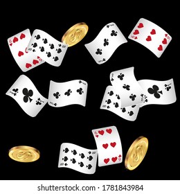 Casino Playing Cards and Money are falling down. Playing Cards rain. Pattern for ads of parties, events in Vegas.