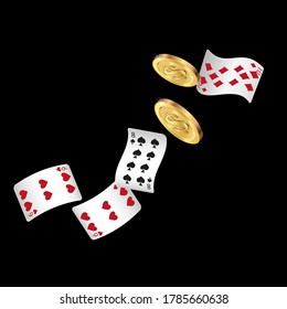 Casino Playing Cards and Money are falling down. Playing Cards rain. Pattern for ads of parties, events in Vegas.