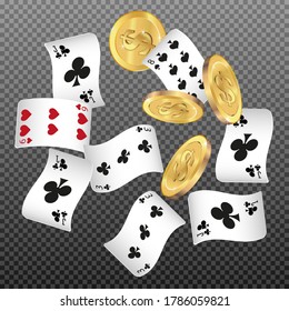 Casino Playing Cards and Money are falling down. Playing Cards rain. Pattern for ads of parties, events in Vegas.