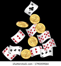 Casino Playing Cards and Money are falling down. Playing Cards rain. Pattern for ads of parties, events in Vegas.