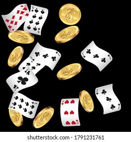 Casino Playing Cards and Money are falling down. Playing Cards rain. Pattern for ads of parties, events in Vegas.