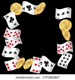 Casino Playing Cards and Money are falling down. Playing Cards rain. Pattern for ads of parties, events in Vegas.