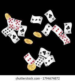 Casino Playing Cards and Money are falling down. Playing Cards rain. Pattern for ads of parties, events in Vegas.