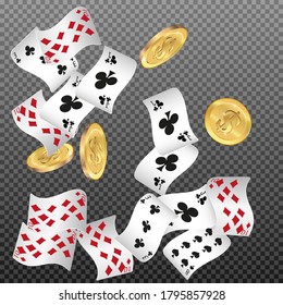 Casino Playing Cards and Money are falling down. Playing Cards rain. Pattern for ads of parties, events in Vegas.