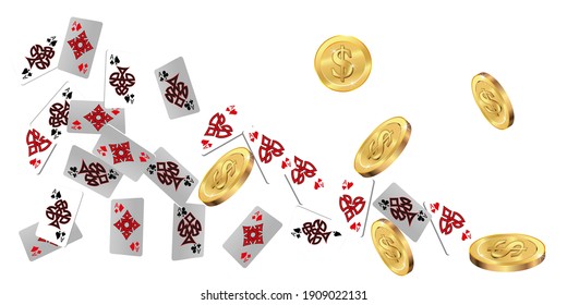 Casino Playing Cards and Money are falling down. Vector illustration. Pattern for ads of parties, events in Vegas.