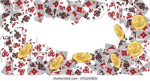 Casino Playing Cards and Money are falling down. Vector illustration. Pattern for ads of parties, events in Vegas.