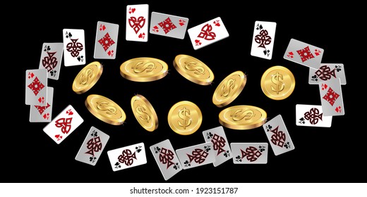 Casino Playing Cards and Money are falling down. Playing Cards rain. Pattern for ads of parties, events in Vegas. Vector illustration