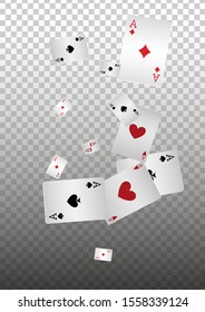Casino Playing Cards on transparent background. Pattern for ads of parties, events in Vegas. Vector illustration 