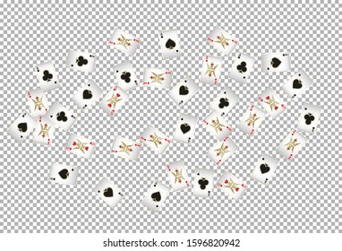 Casino Playing Cards on transparent background. Pattern for ads of parties, events in Vegas. Vector illustration 