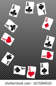 Casino Playing Cards on transparent background. Pattern for ads of parties, events in Vegas. Vector illustration