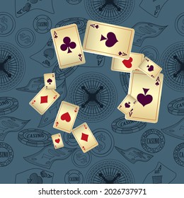 Casino Playing Cards. Pattern for ads of parties, events in Vegas. Vector illustration in vintage style. 