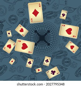 Casino Playing Cards. Pattern for ads of parties, events in Vegas. Vector illustration in vintage style. 