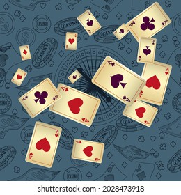 Casino Playing Cards. Pattern for ads of parties, events in Vegas. Vector illustration in vintage style. 
