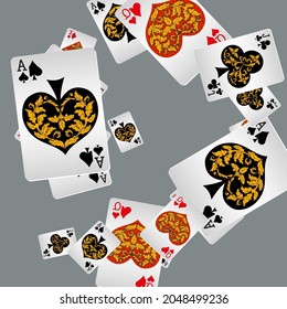 Cartas de juego del Casino. Patrón para anuncios de fiestas, eventos en Las Vegas. Ilustración vectorial en estilo vintage.