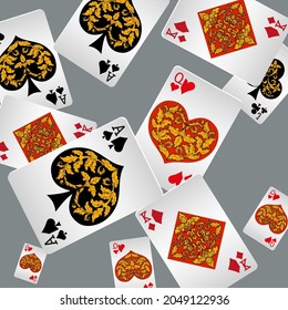 Cartas de juego del Casino. Patrón para anuncios de fiestas, eventos en Las Vegas. Ilustración vectorial en estilo vintage.