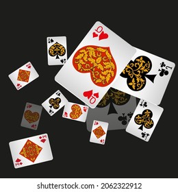 Casino Playing Cards. Pattern for ads of parties, events in Vegas. Vector illustration in vintage style.