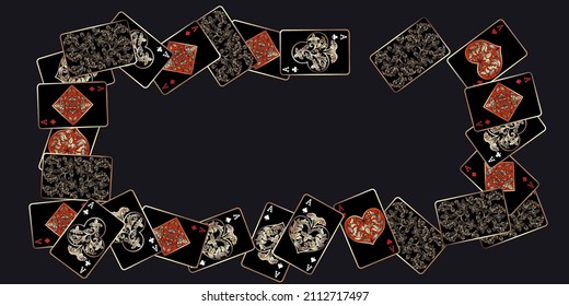 Cartas de juego del Casino. Patrón para anuncios de fiestas, eventos en Las Vegas. Ilustraciones con estilo vintage. 