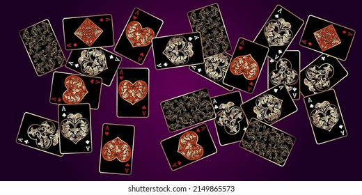 Casino Playing Cards. Pattern for ads of parties, events in Vegas. Vector illustration in vintage style.