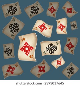 Casino Playing Cards. Pattern for ads of parties, events in Vegas. Vector illustration in vintage style. Vector illustration in celtic style.