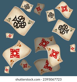 Cartas de juego del Casino. Patrón para anuncios de fiestas, eventos en Las Vegas. Ilustración vectorial en estilo vintage. Ilustración vectorial en estilo celta.
