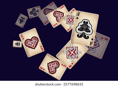 Casino Playing Cards. Pattern for ads of parties, events in Vegas. Vector illustration in vintage style.