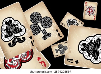 Casino Playing Cards. Pattern for ads of parties, events in Vegas. Vector illustration in vintage style. Vector illustration in celtic style.