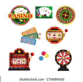 Casino, playing cards and poker chips, roulette, lotto, slot machines vector items. Gambling industry, entertainment, sport or hobby concept