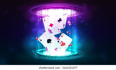 Casino playing cards with poker chips inside pink and blue hologram of digital rings in dark empty scene